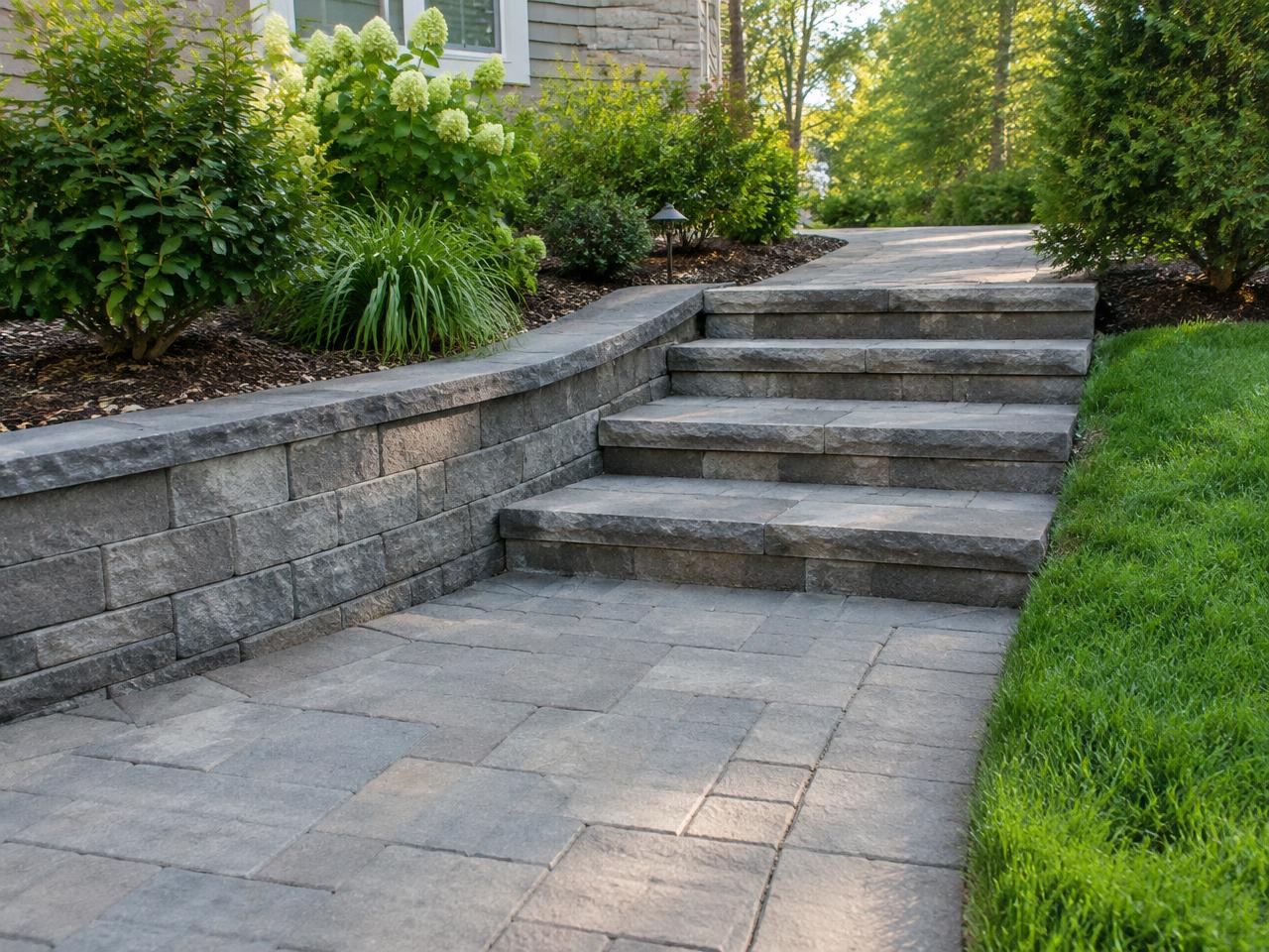 Paver walkway and retaining wall beside a landscaped yard