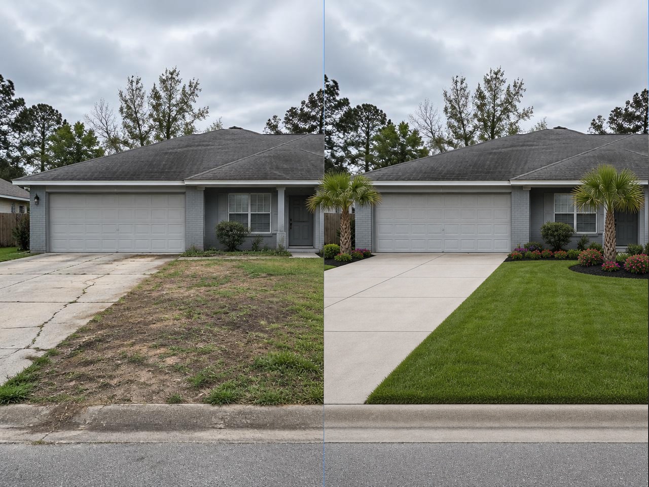 A dull front yard transformed by the free Home Transformation tool into a lush lawn, paver driveway, and fresh landscaping